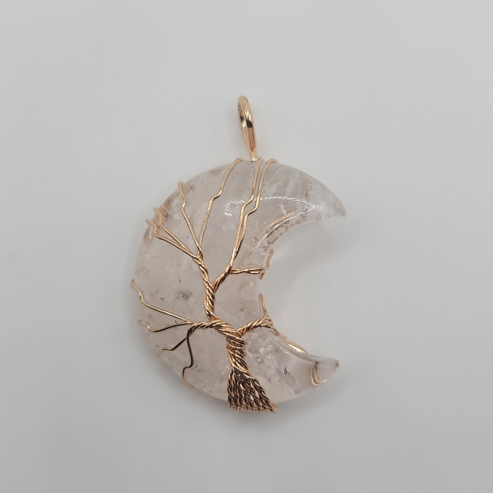 Clear Quartz Crystal Moon Tree of Life Necklace
